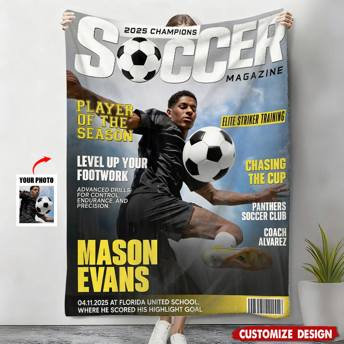 Personalized Soccer Magazine Blanket personalization view for Son/Grandson