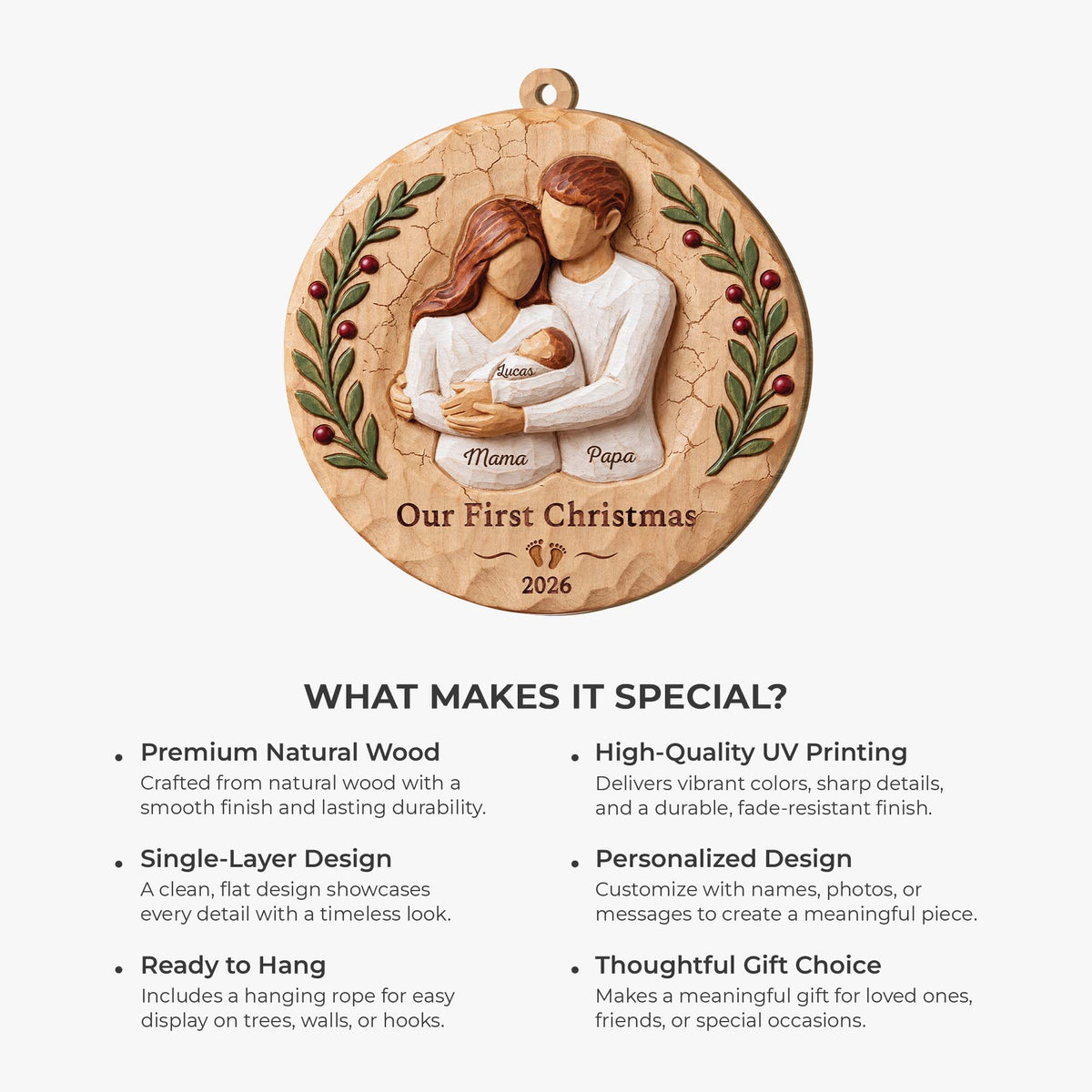 Our First Christmas Personalized Wooden Ornament - Custom Newborn Family Holiday Keepsake Gift for New Parents