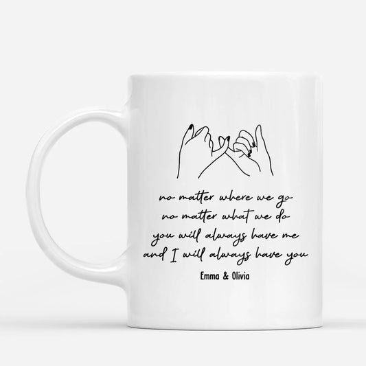 Personalized best friend mug with custom names and No Matter Where We Go quote for long distance friendship gift