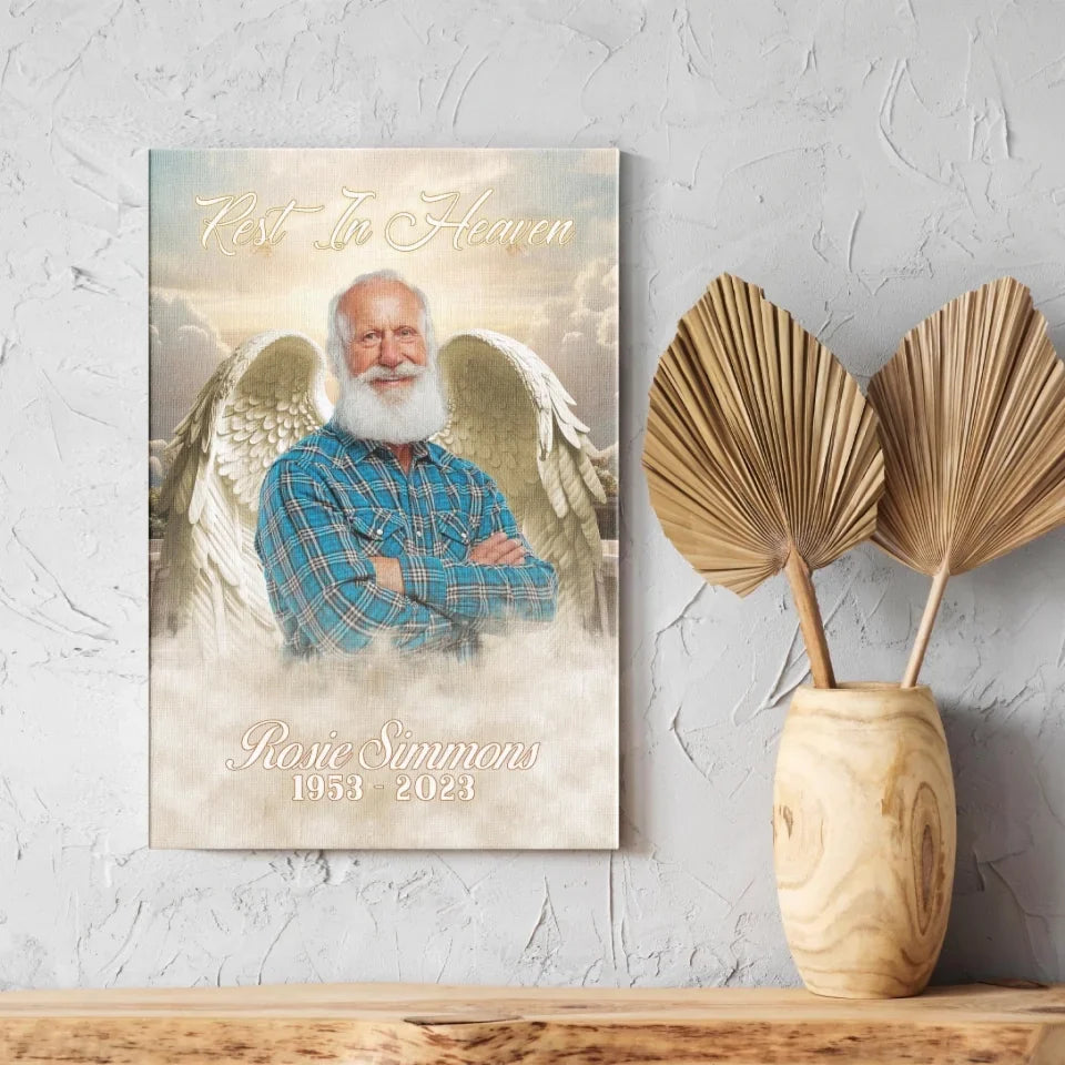 "Rest in Heaven" Personalized Angel Wings Memorial Photo Canvas / Poster – A Loving Tribute for Family
