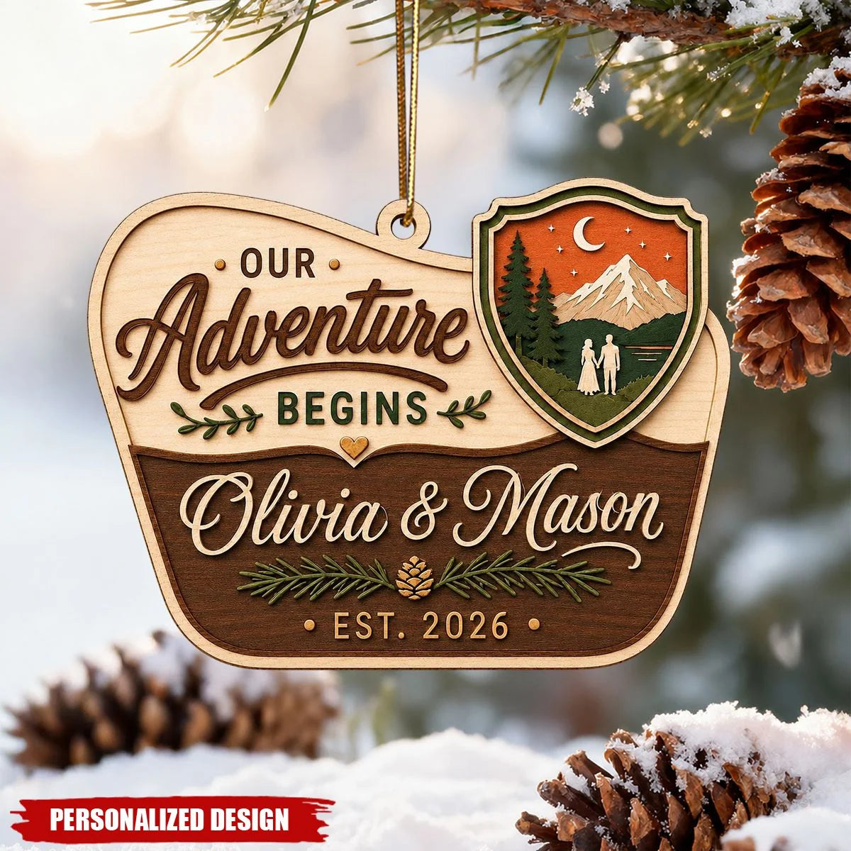"Our Adventure Begins" Personalized Wooden Couple Ornament - Custom Mountain Keepsake for Christmas & Weddings