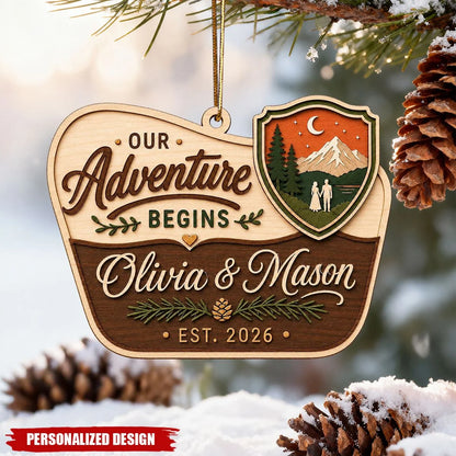 "Our Adventure Begins" Personalized Wooden Couple Ornament - Custom Mountain Keepsake for Christmas & Weddings