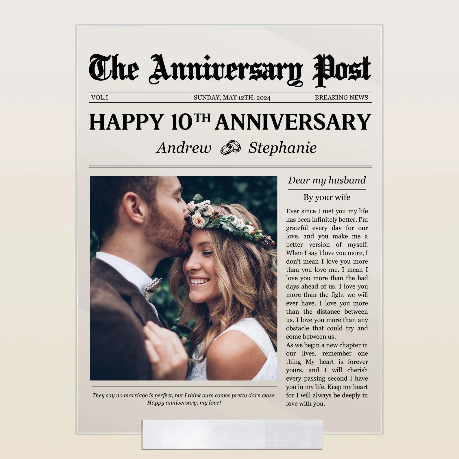 Custom Newspaper Anniversary Plaque for Wife with personalized design details for meaningful gifting image 7