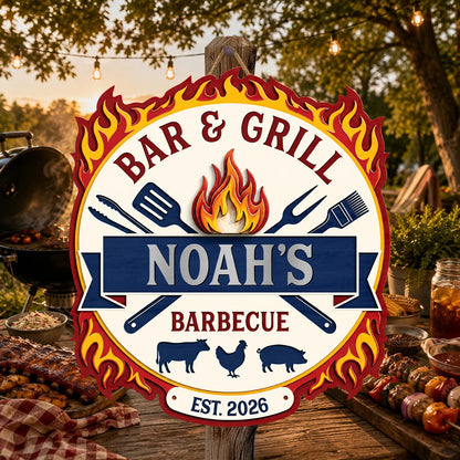 Grill & Chill Personalized BBQ Wood Sign - Custom Backyard Barbecue Decor Gift