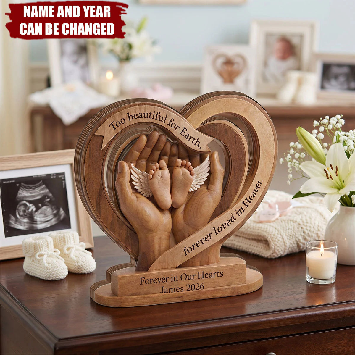 Personalized baby memorial plaque with baby feet in angel wings and custom name engraving