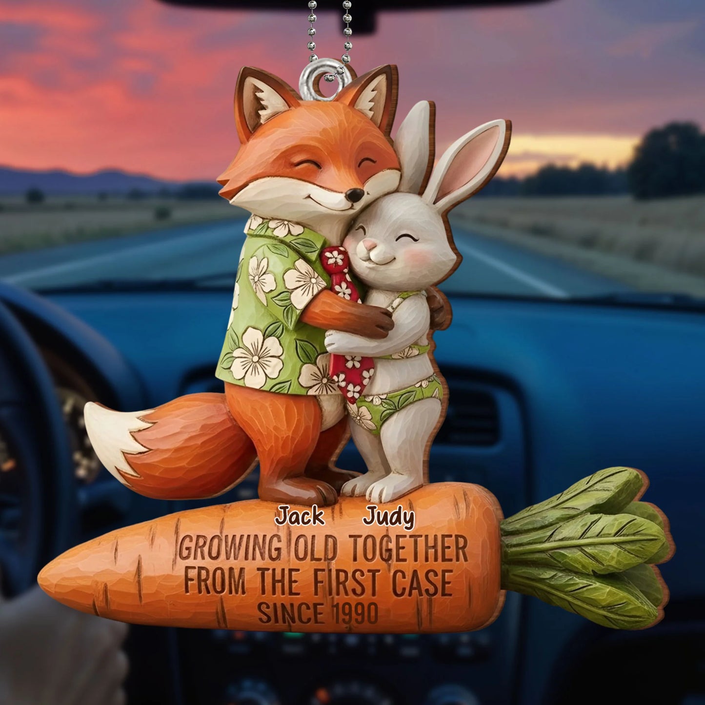 Personalized couple car hanging ornament featuring cute fox and rabbit with custom names