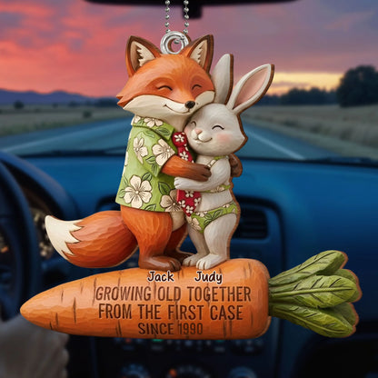 Personalized couple car hanging ornament featuring cute fox and rabbit with custom names