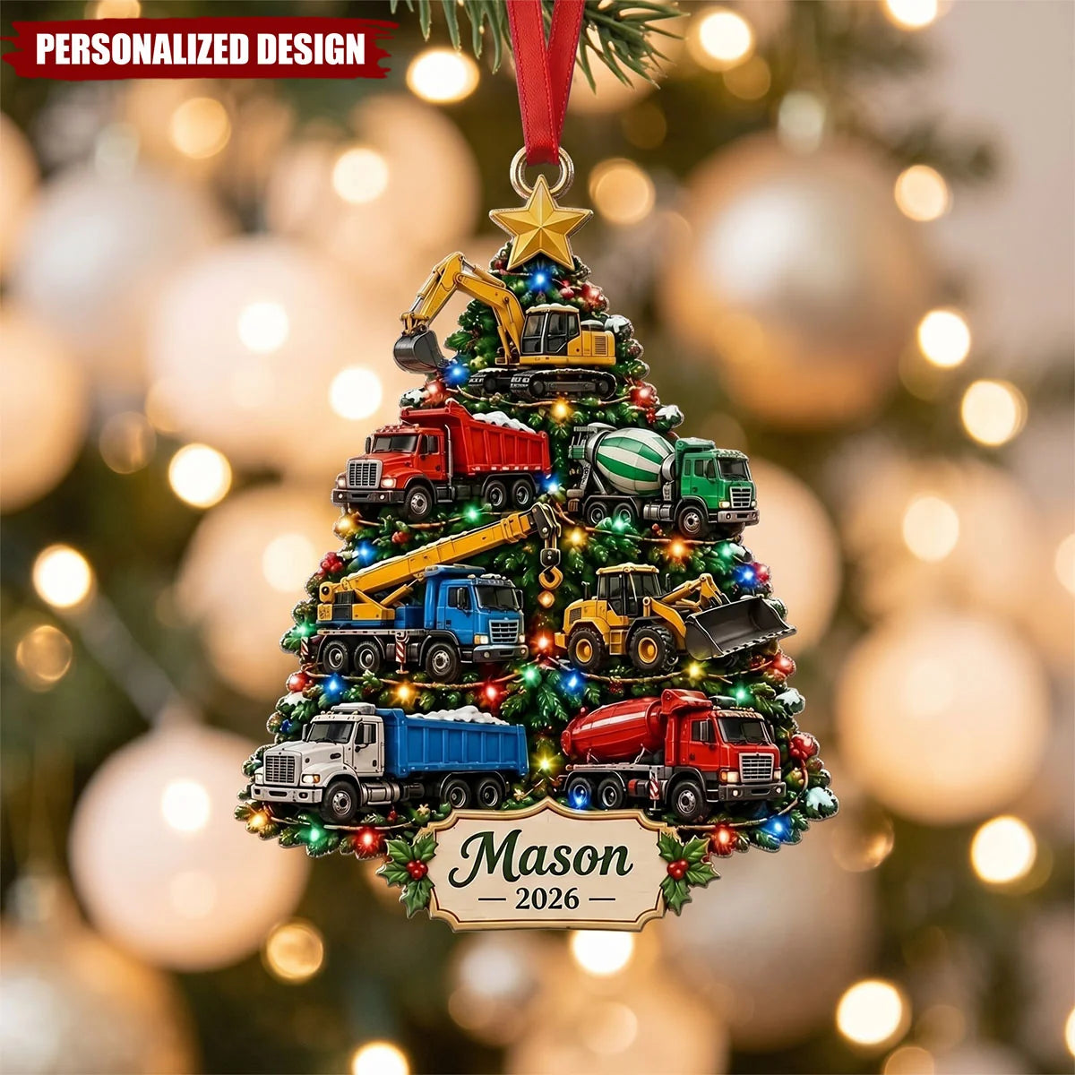 Construction Tree Personalized Christmas Ornament - Custom Name Truck Keepsake for Kids