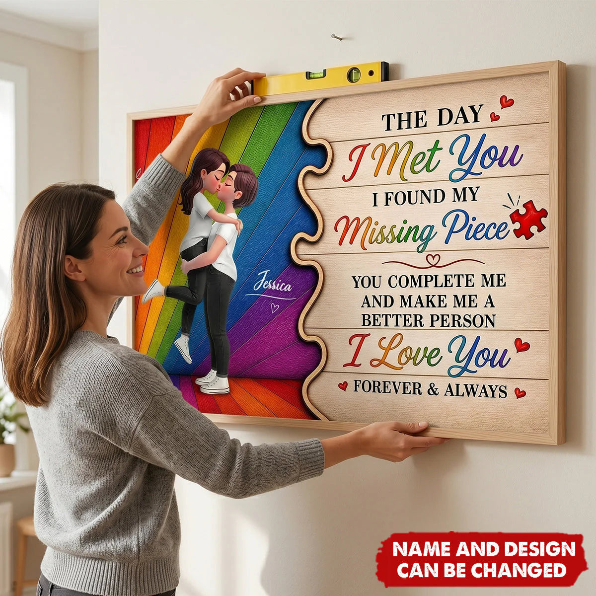 Custom lesbian couple poster with rainbow flag design and missing piece quote for LGBTQ anniversary gift