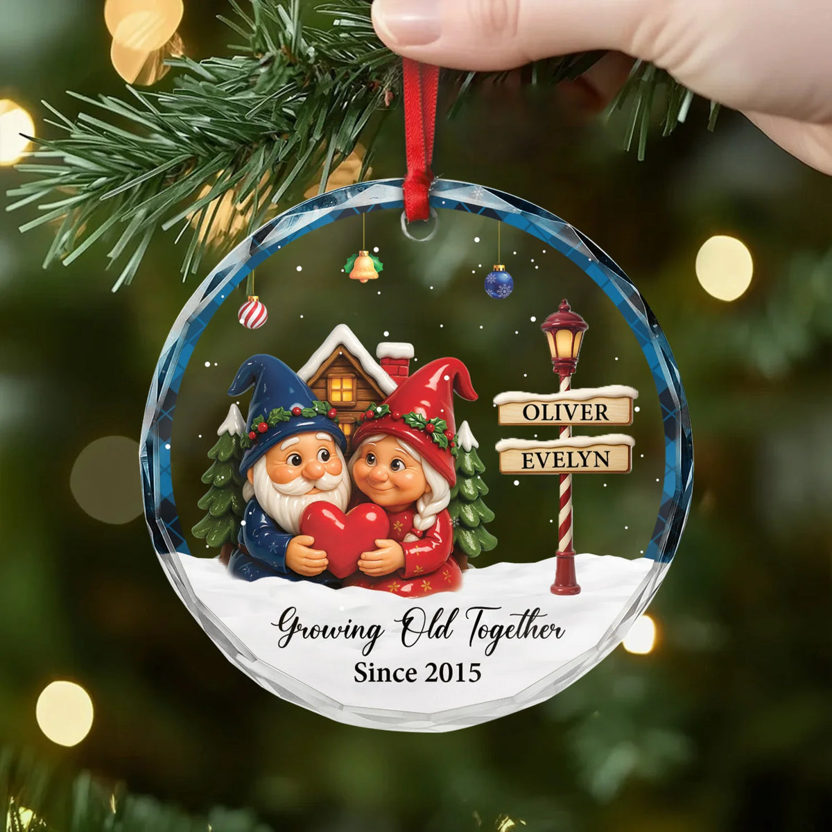 Growing Old Together Personalized Glass Ornament - Custom Christmas Gnome Keepsake for Couples
