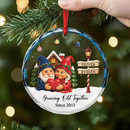 Growing Old Together Personalized Glass Ornament - Custom Christmas Gnome Keepsake for Couples