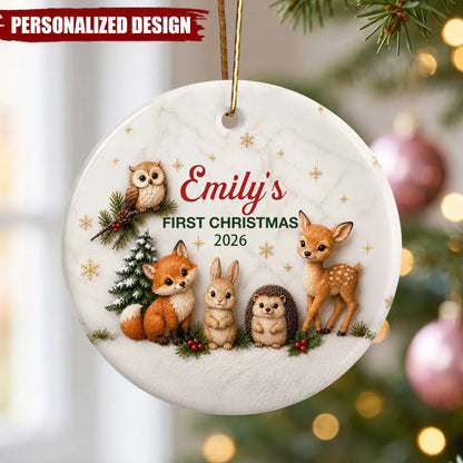 First Christmas Woodland Animals Ceramic Ornament - Personalized Baby Keepsake Gift