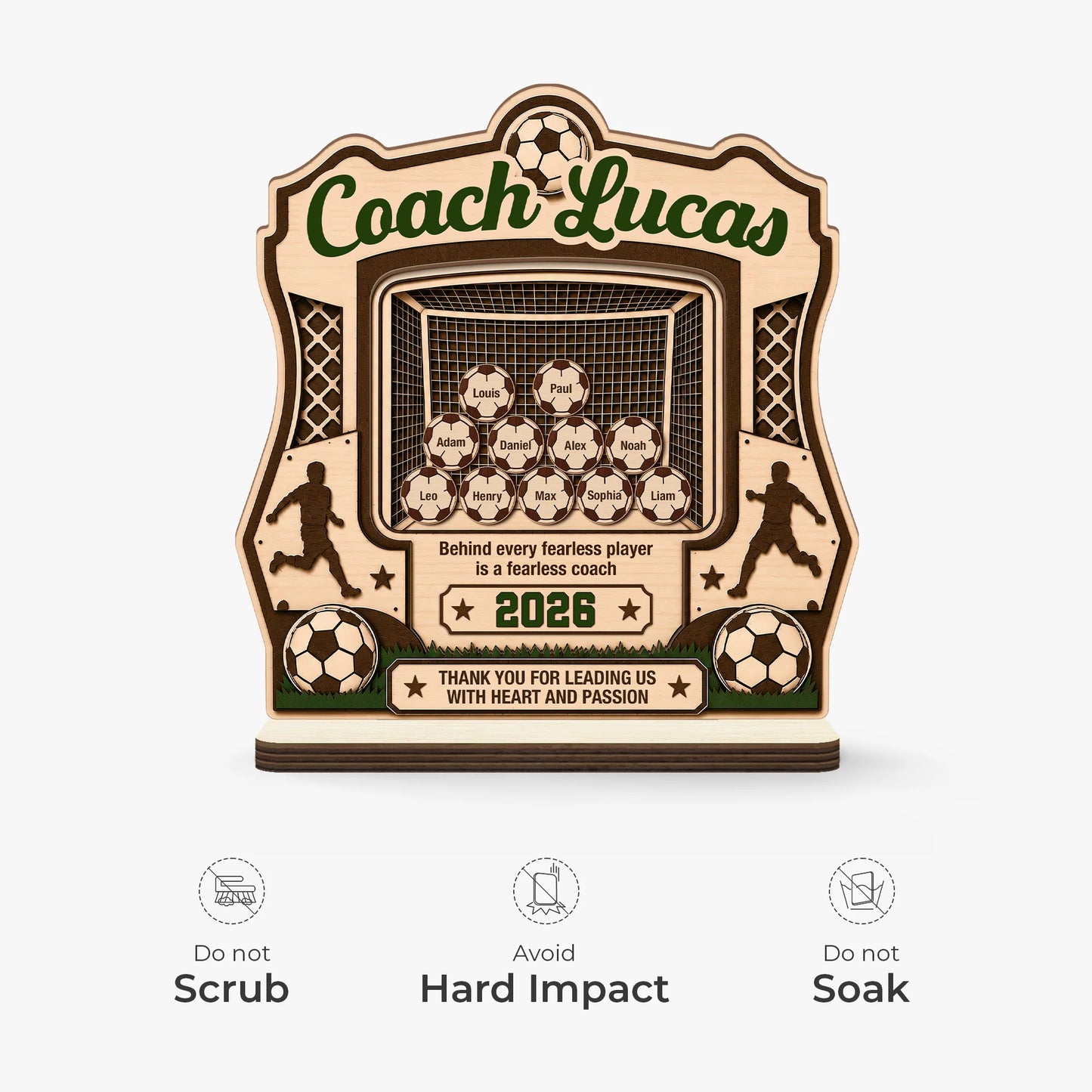 Plaque material and size view - Personalized Soccer Coach Gift