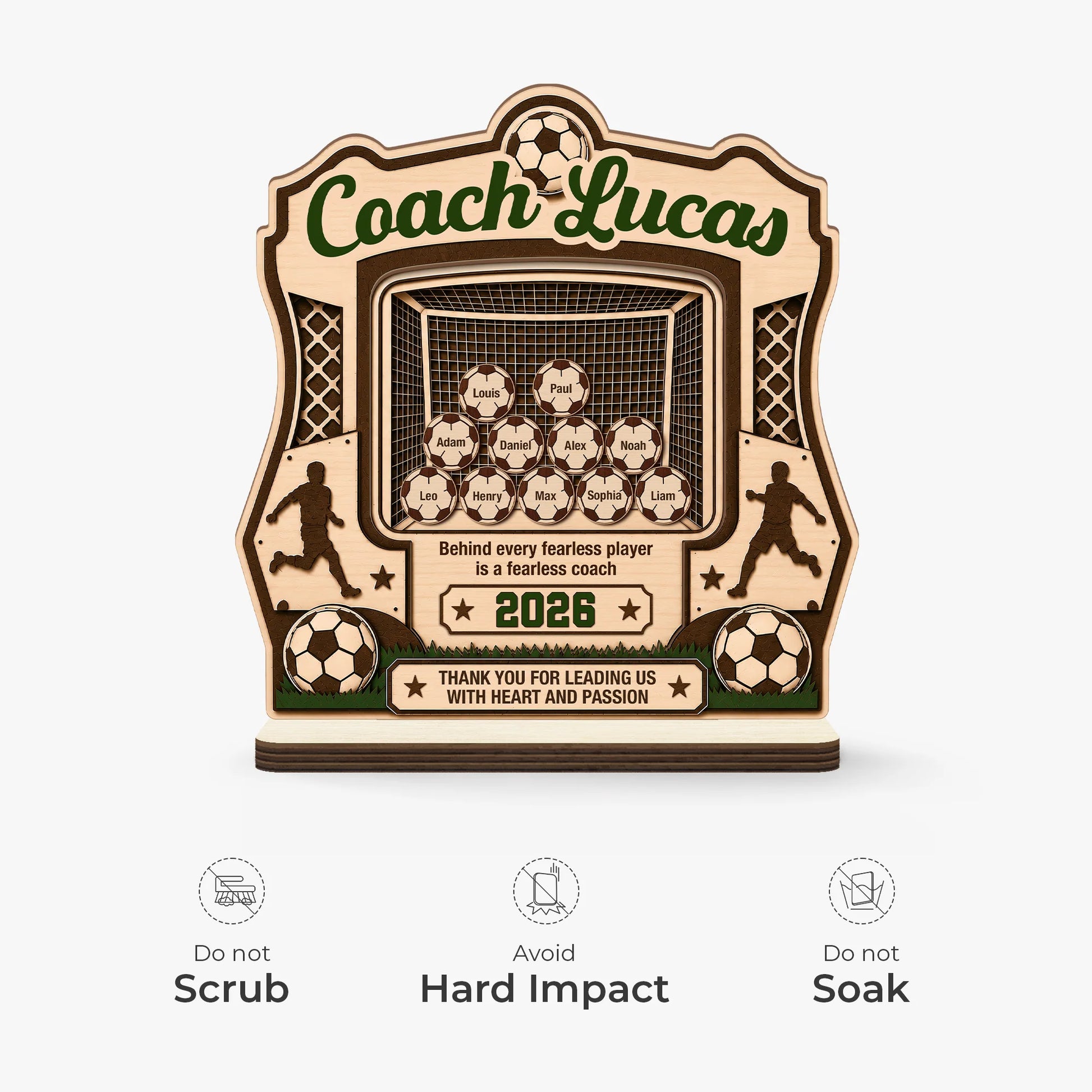 Plaque material and size view - Personalized Soccer Coach Gift