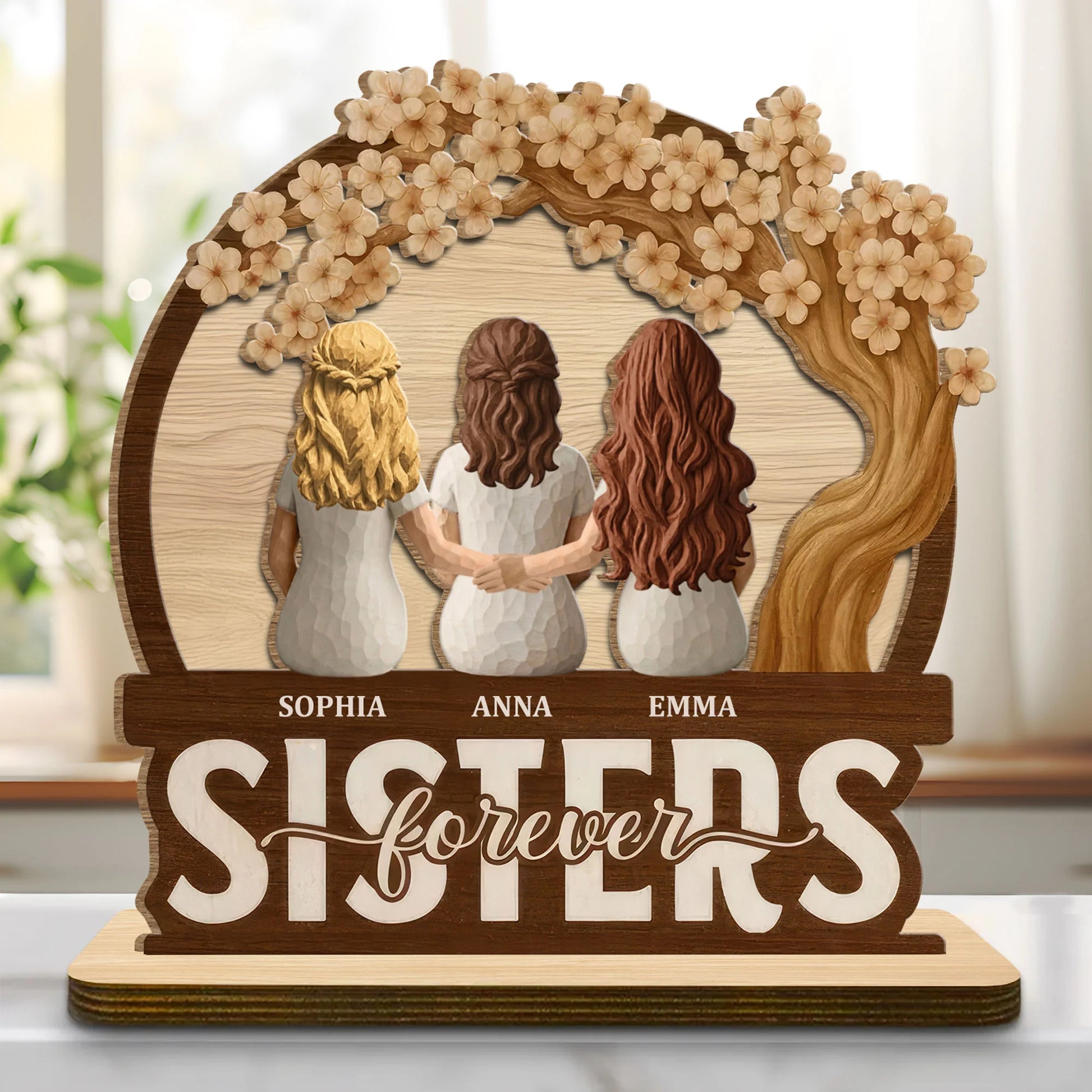 Personalized sister wood plaque featuring custom names and rustic floral tree design - thoughtful friendship desk gift image 9