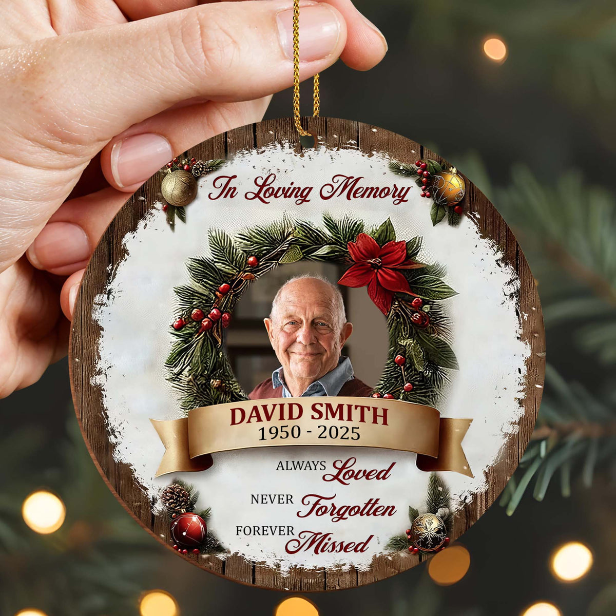 "In Loving Memory" Personalized Photo Wood Ornament - Always Loved Never Forgotten Keepsake