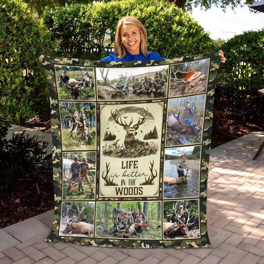 "Life Is Better In The Woods" Personalized Elk Hunting Blanket - Custom Photo Keepsake for Dad Grandpa