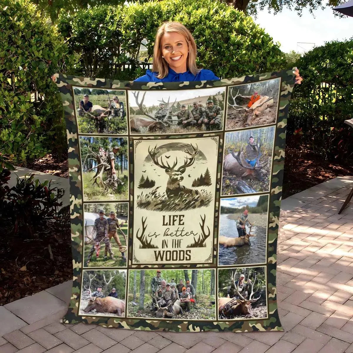 "Life Is Better In The Woods" Personalized Elk Hunting Blanket - Custom Photo Keepsake for Dad Grandpa
