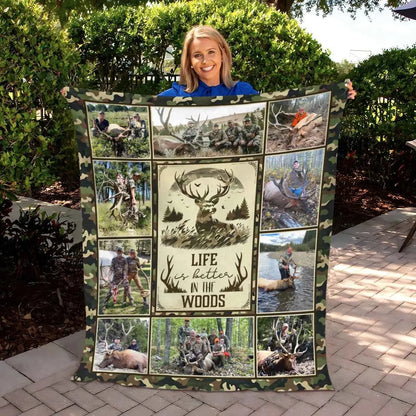 "Life Is Better In The Woods" Personalized Elk Hunting Blanket - Custom Photo Keepsake for Dad Grandpa