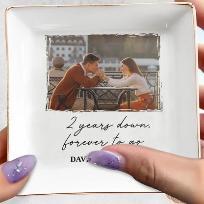 Two Years Down Forever To Go Custom Photo Ring Dish - Personalized Ceramic Couple Jewelry Tray