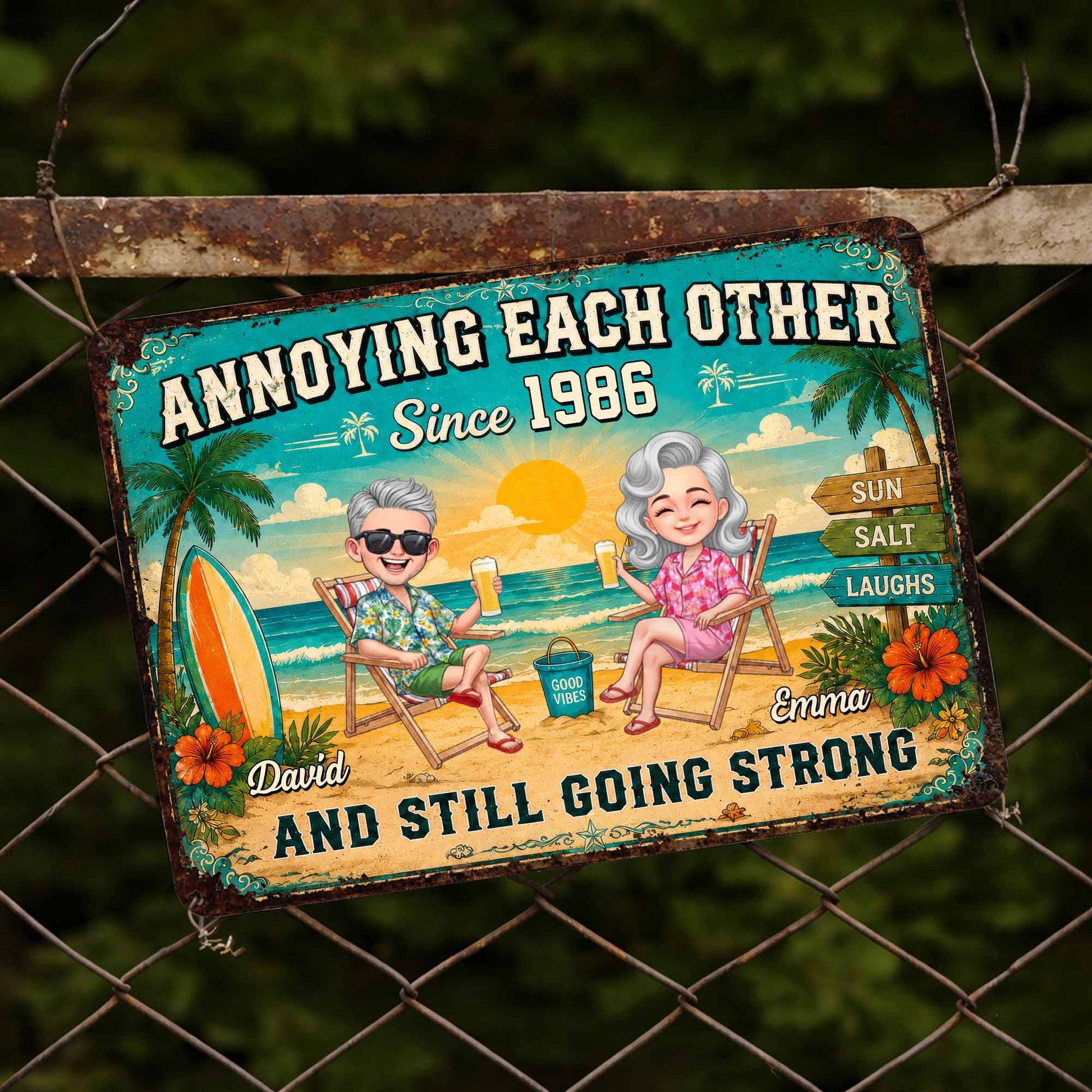 Personalized couple metal sign with funny beach scene illustration and custom names - unique gift for anniversary image 6