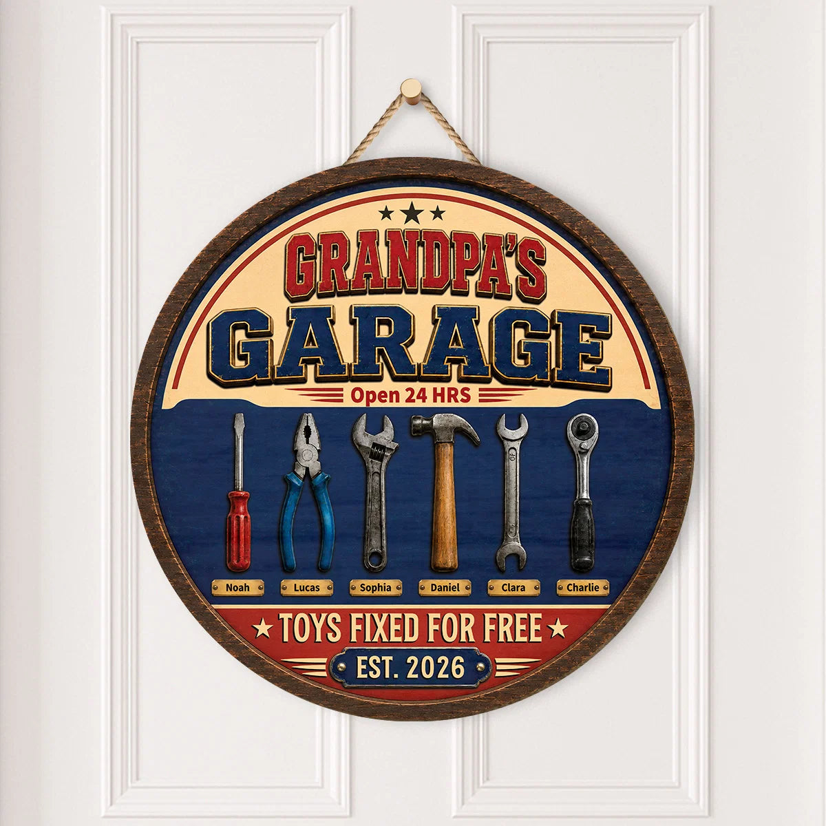 "Toys Fixed For Free" Personalized Garage Wood Sign - Custom Workshop Gift for Dad & Grandpa