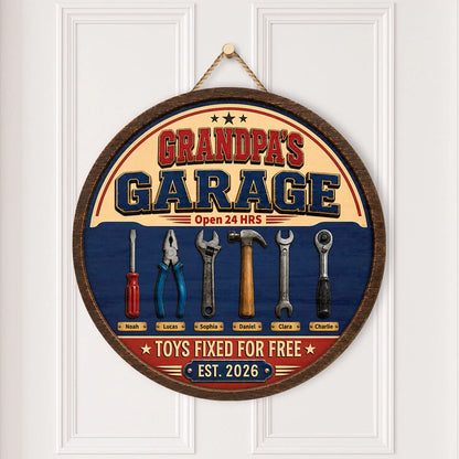 "Toys Fixed For Free" Personalized Garage Wood Sign - Custom Workshop Gift for Dad & Grandpa