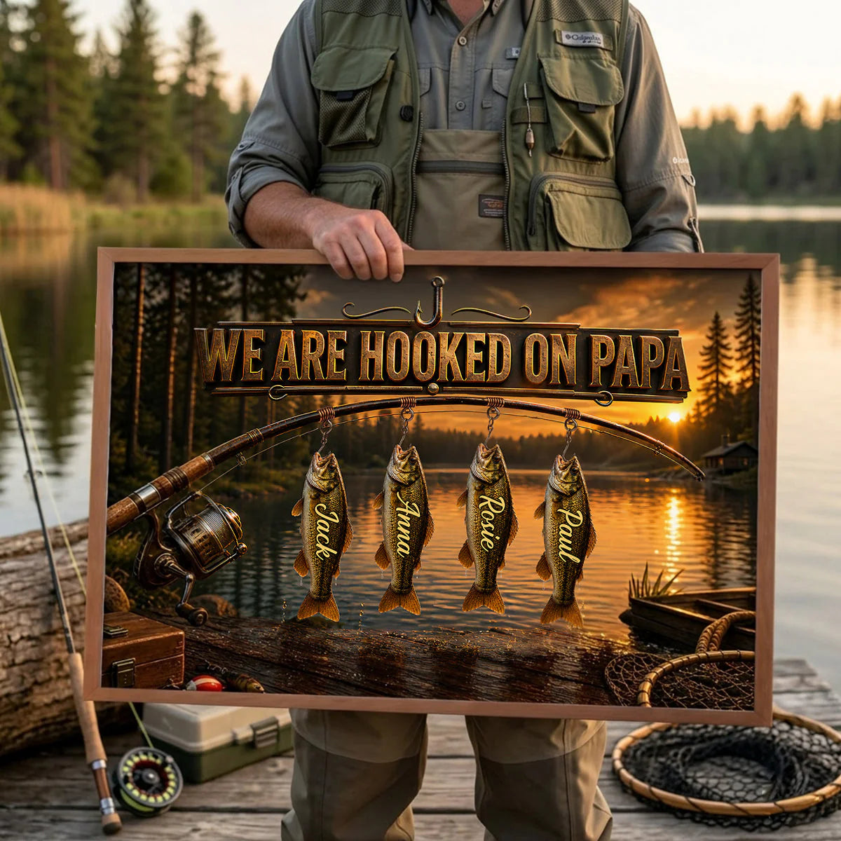 Custom Hooked On Papa Fishing Canvas for Dad with personalized design details for meaningful gifting