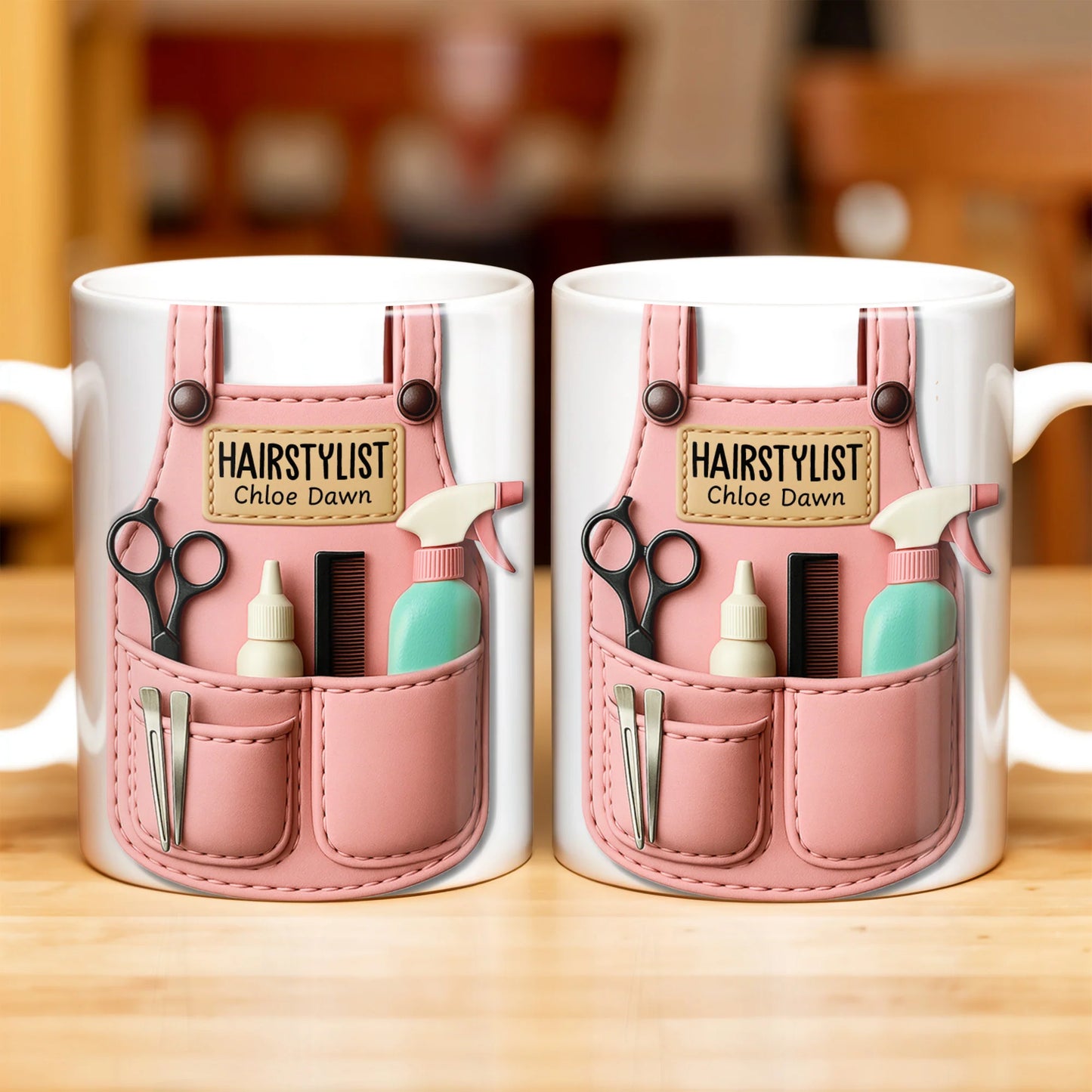 Personalized hairstylist mug with custom pink apron print containing scissors and comb - perfect gift for beauticians image 7