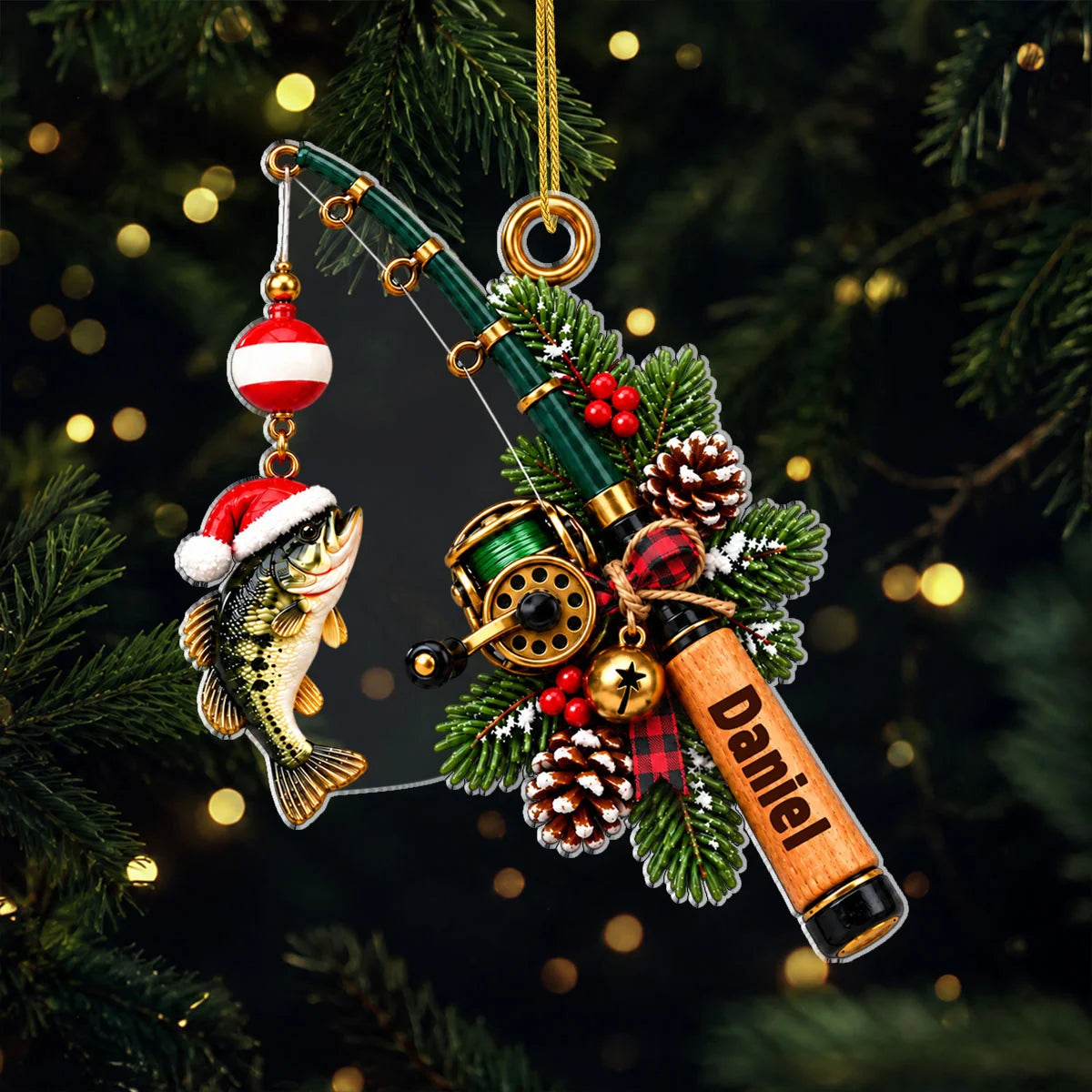 Personalized Fishing Rod Acrylic Christmas Ornament - Custom Name Holiday Keepsake Gift for Anglers and Fisherman Dad