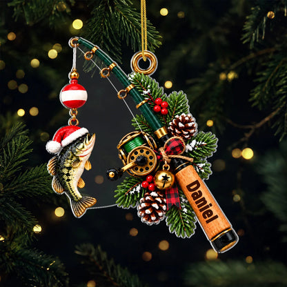 Personalized Fishing Rod Acrylic Christmas Ornament - Custom Name Holiday Keepsake Gift for Anglers and Fisherman Dad