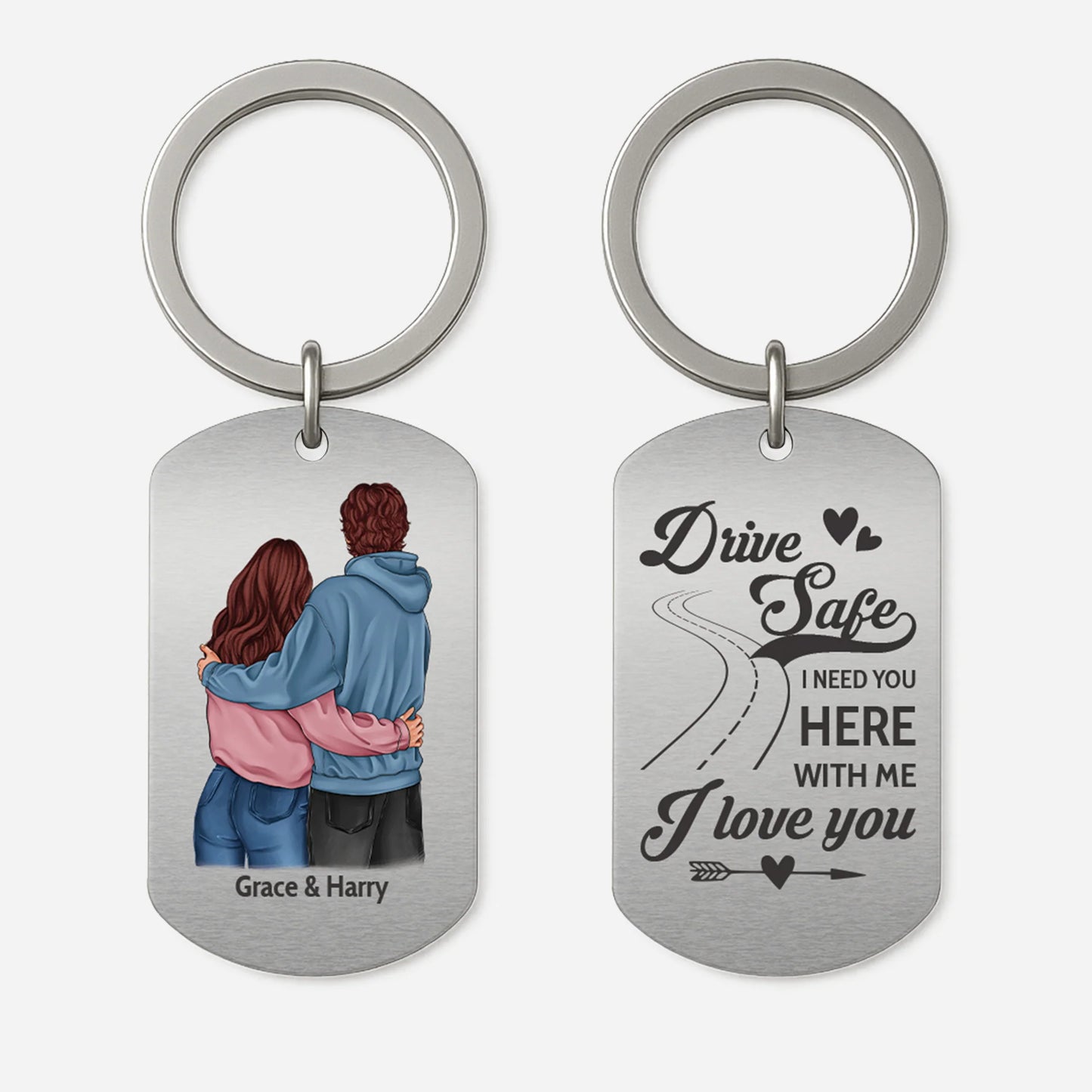 Personalized drive safe keychain with custom photo print and engraved romantic message for couples