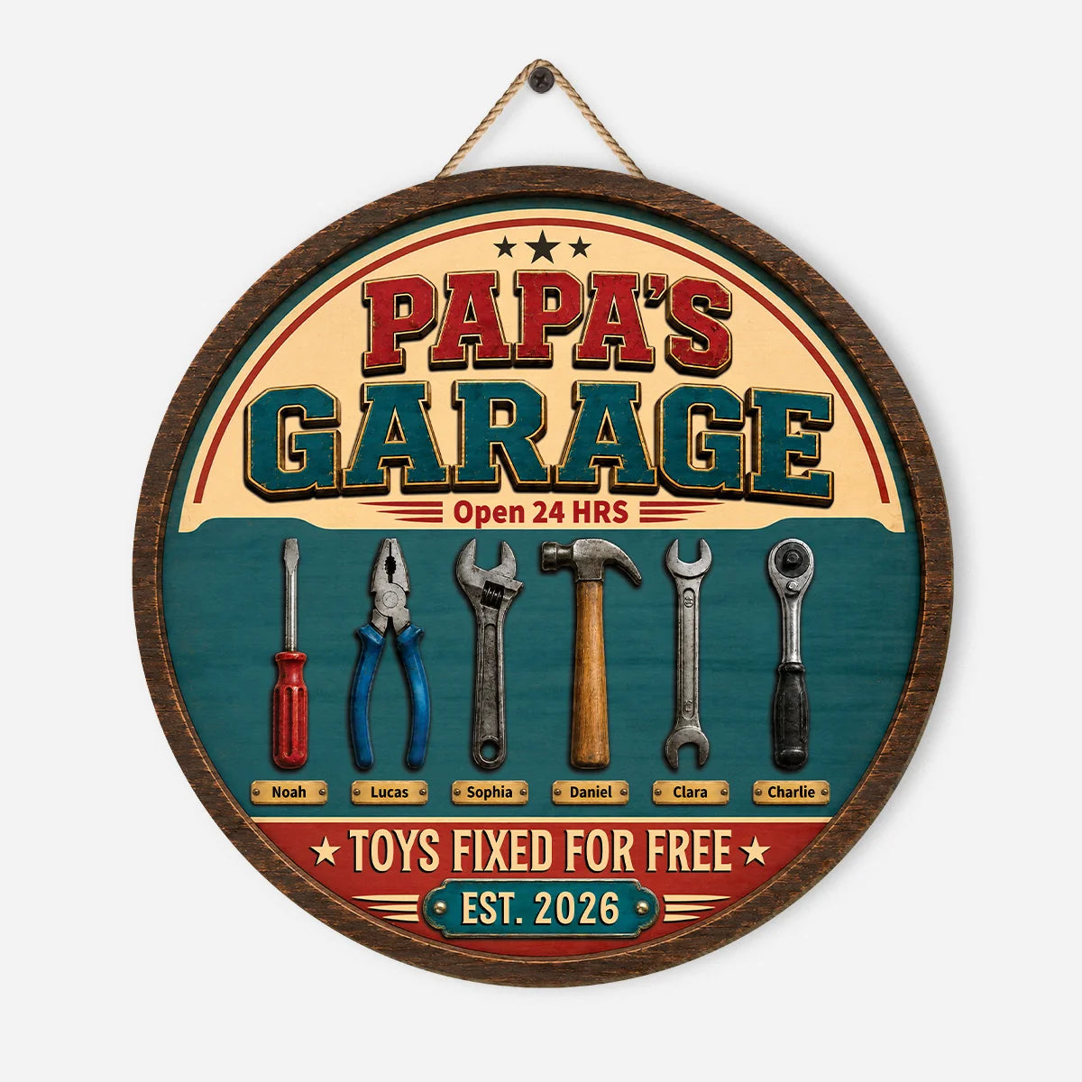 "Toys Fixed For Free" Personalized Garage Wood Sign - Custom Workshop Gift for Dad & Grandpa