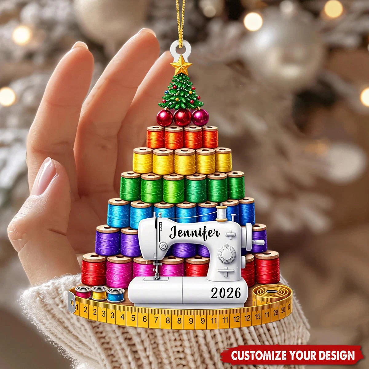 Personalized Sewing Acrylic Ornament - Custom Thread Spools Christmas Decor for Seamstress