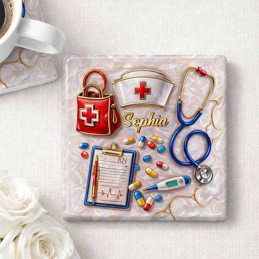 Personalized nurse ceramic coaster with custom name, stethoscope, and medical icons for RN graduation gift