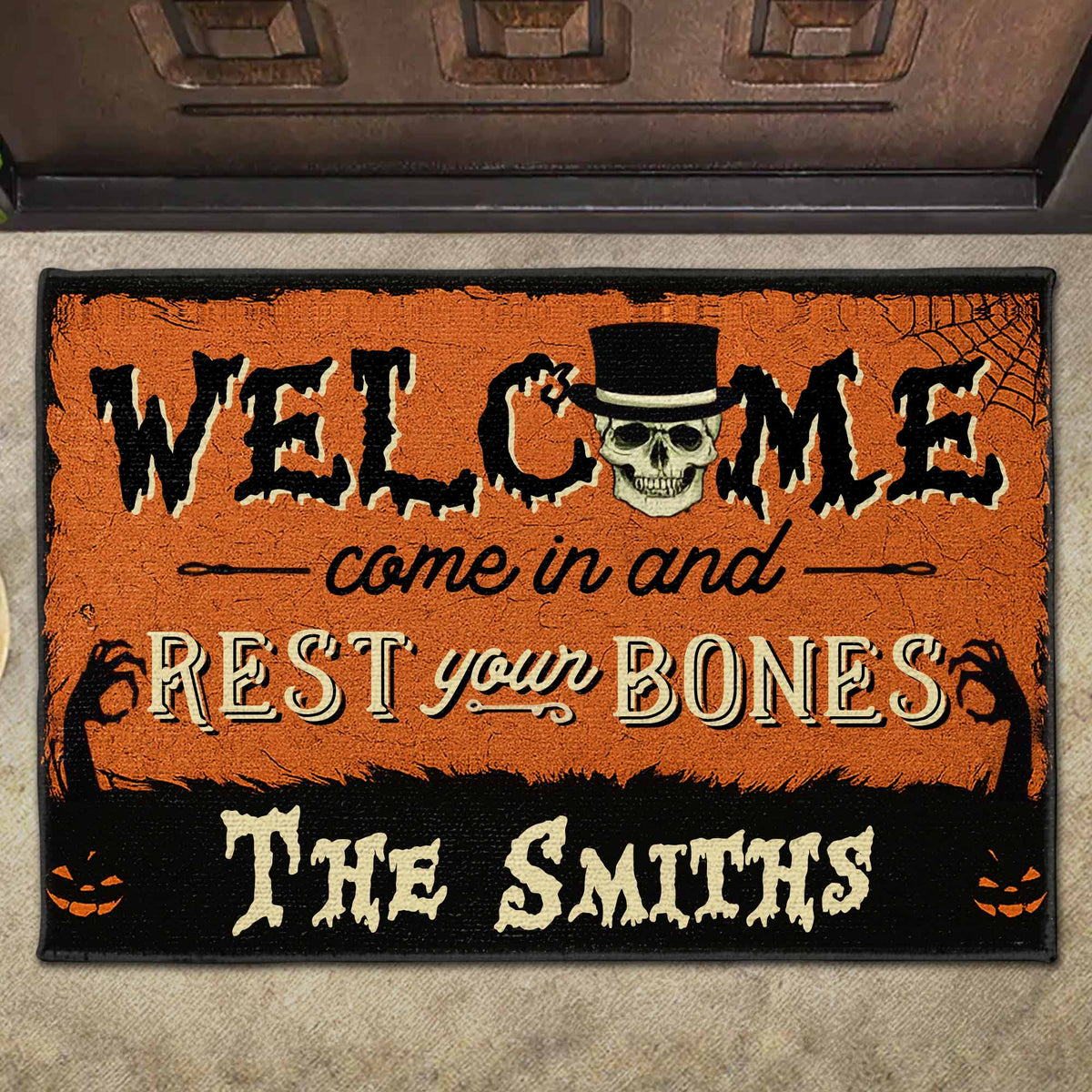 "Come In And Rest Your Bones" Personalized Halloween Doormat - Custom Front Porch Decor for Family