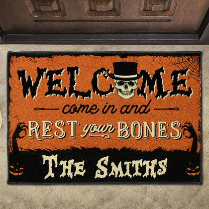 "Come In And Rest Your Bones" Personalized Halloween Doormat - Custom Front Porch Decor for Family