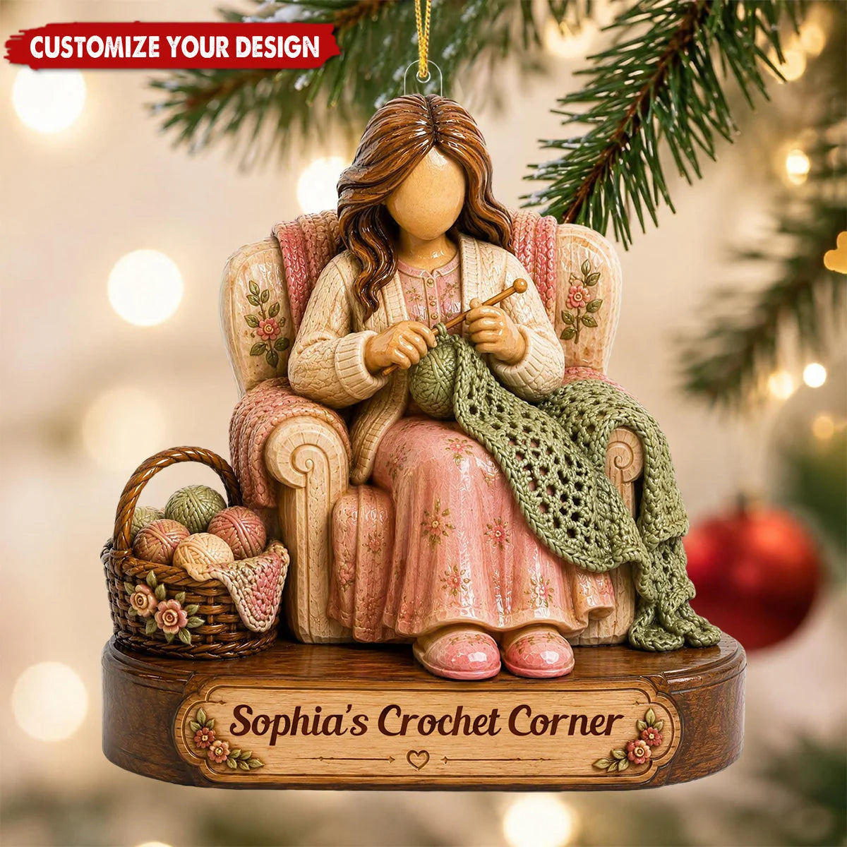 Custom Crochet Corner Wooden Ornament - Personalized Yarn Lover Christmas Gift