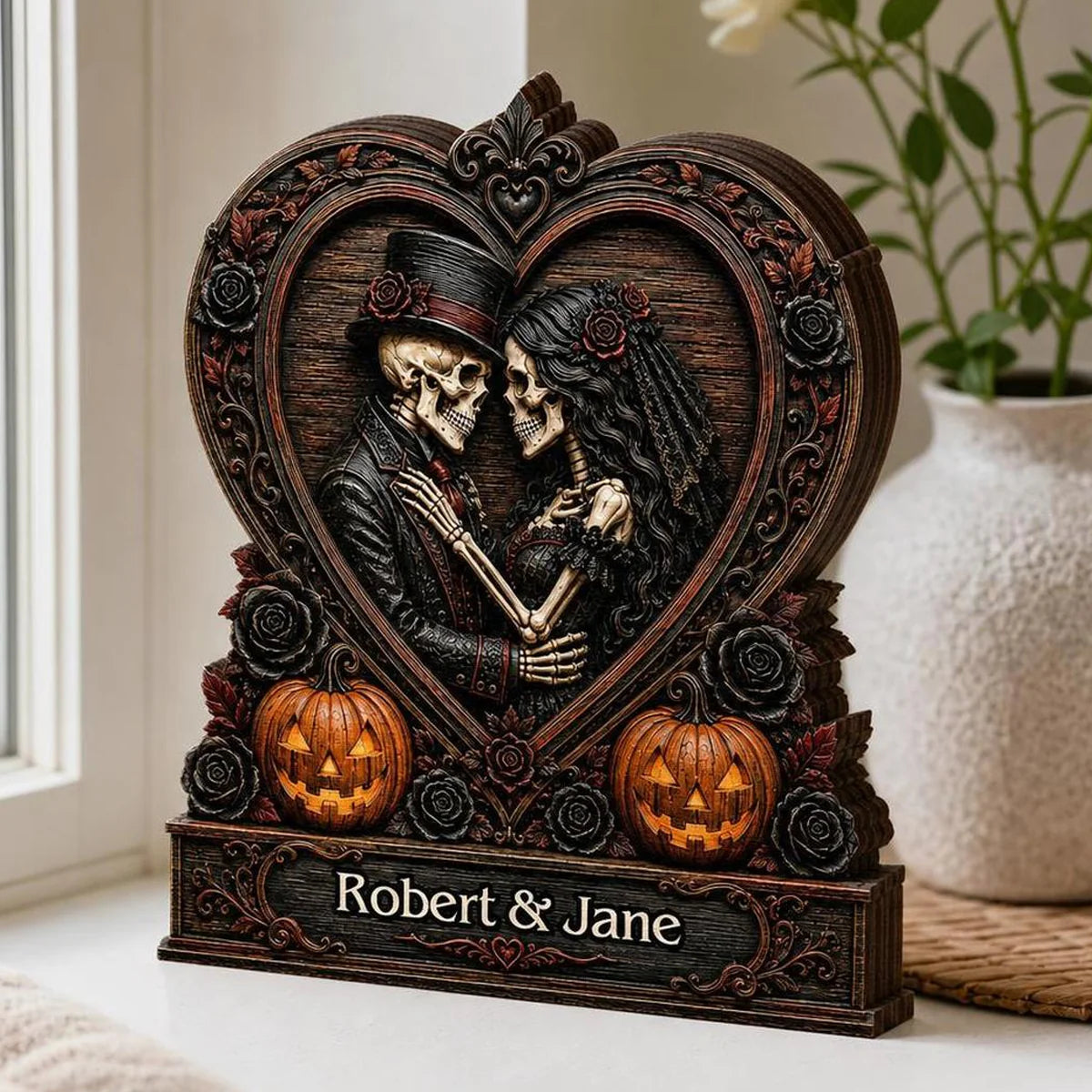 Plaque material and size view - Personalized Skeleton Couple Plaque
