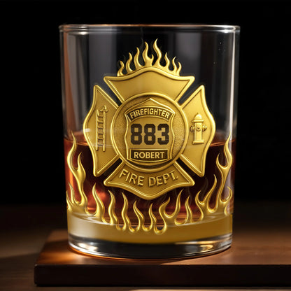 Fire Dept Badge Personalized Whiskey Glass for Firefighter - Custom Retirement Gift