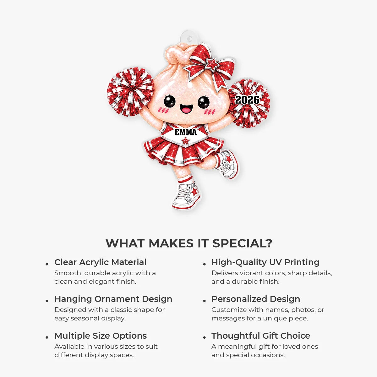 Squishy Cheerleader Dumpling Personalized Acrylic Ornament - Cute Christmas Gift for Cheerleaders