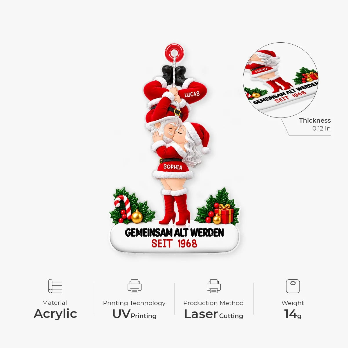 Kissing Santa Growing Old Together Personalized Acrylic Ornament - Christmas Gift for Couples