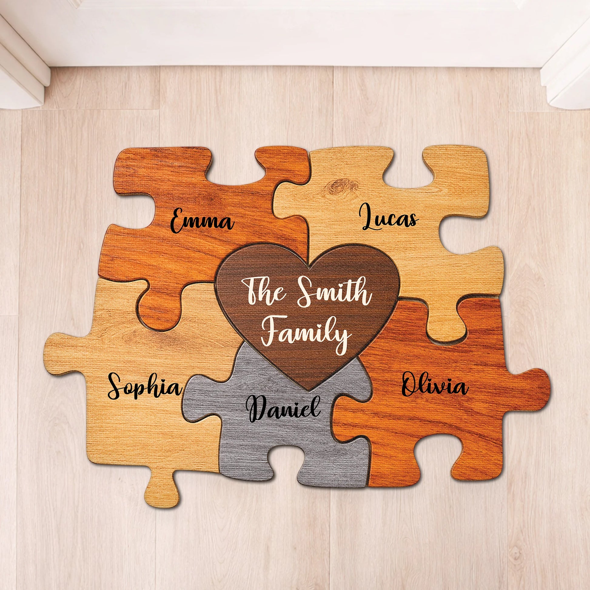 Personalized puzzle doormat with custom family names and wood grain print for family home