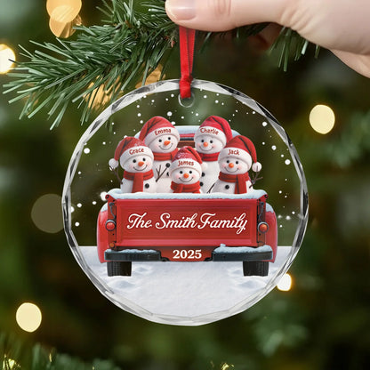 Personalized Snowman Family Glass Ornament - Custom Red Truck Keepsake for Christmas