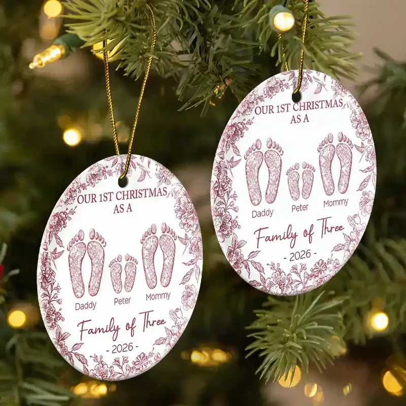 "Our First Christmas As A Family" Personalized Ceramic Ornament - Custom Baby Footprint Holiday Keepsake