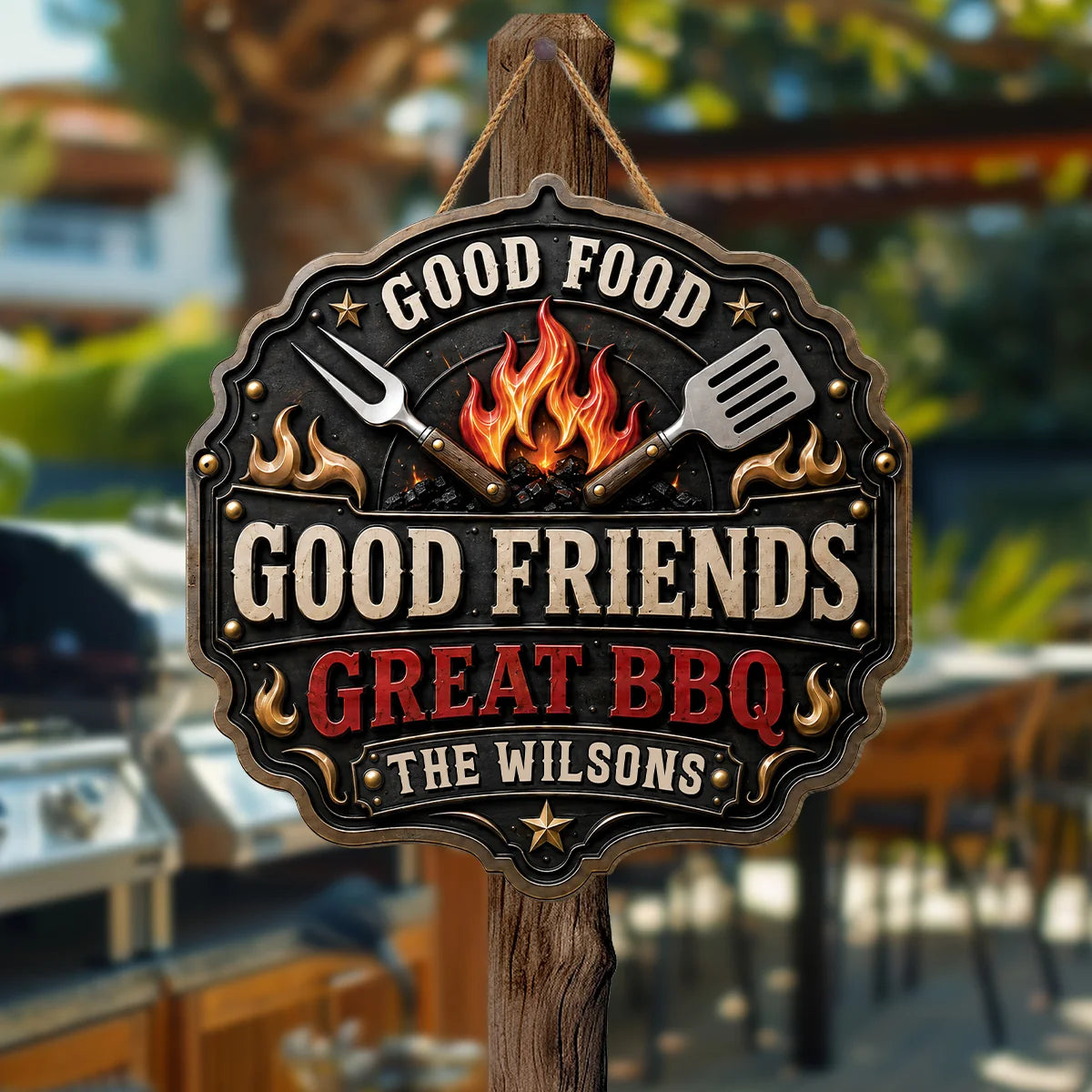 "Good Food Good Friends Great BBQs" Personalized Wood Sign - Custom Backyard Grill Decor