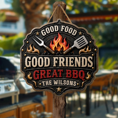 "Good Food Good Friends Great BBQs" Personalized Wood Sign - Custom Backyard Grill Decor