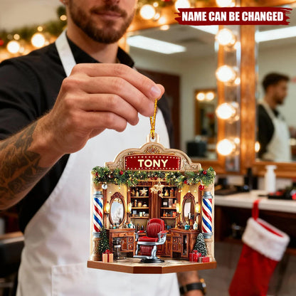 Vintage Barber Shop Scene Personalized Wooden Ornament - Christmas Tree Decor Gift for Hair Stylists
