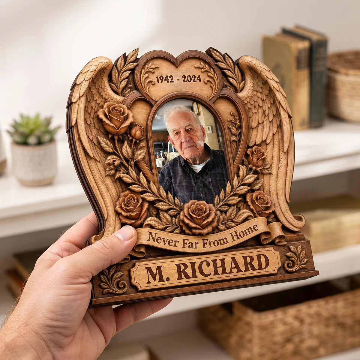 Never Far From Home Personalized Memorial Wooden Block - Custom Photo Keepsake for Family