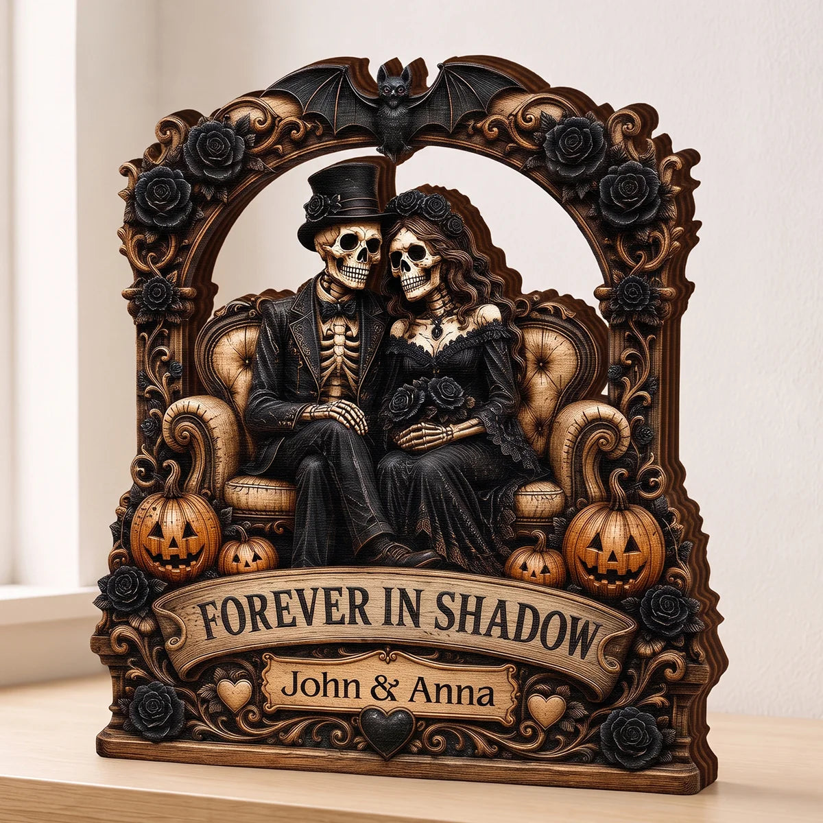 "Forever In Shadow" Personalized Skeleton Couple Wooden Block - Custom Gothic Halloween & Wedding Keepsake Gift for Couples